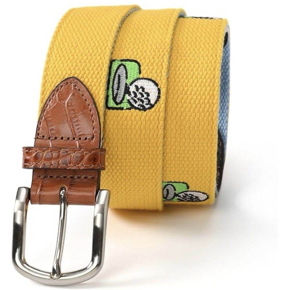 Men’s Bright Yellow Golf Theme Embroidery Canvas Leather Belt 39”